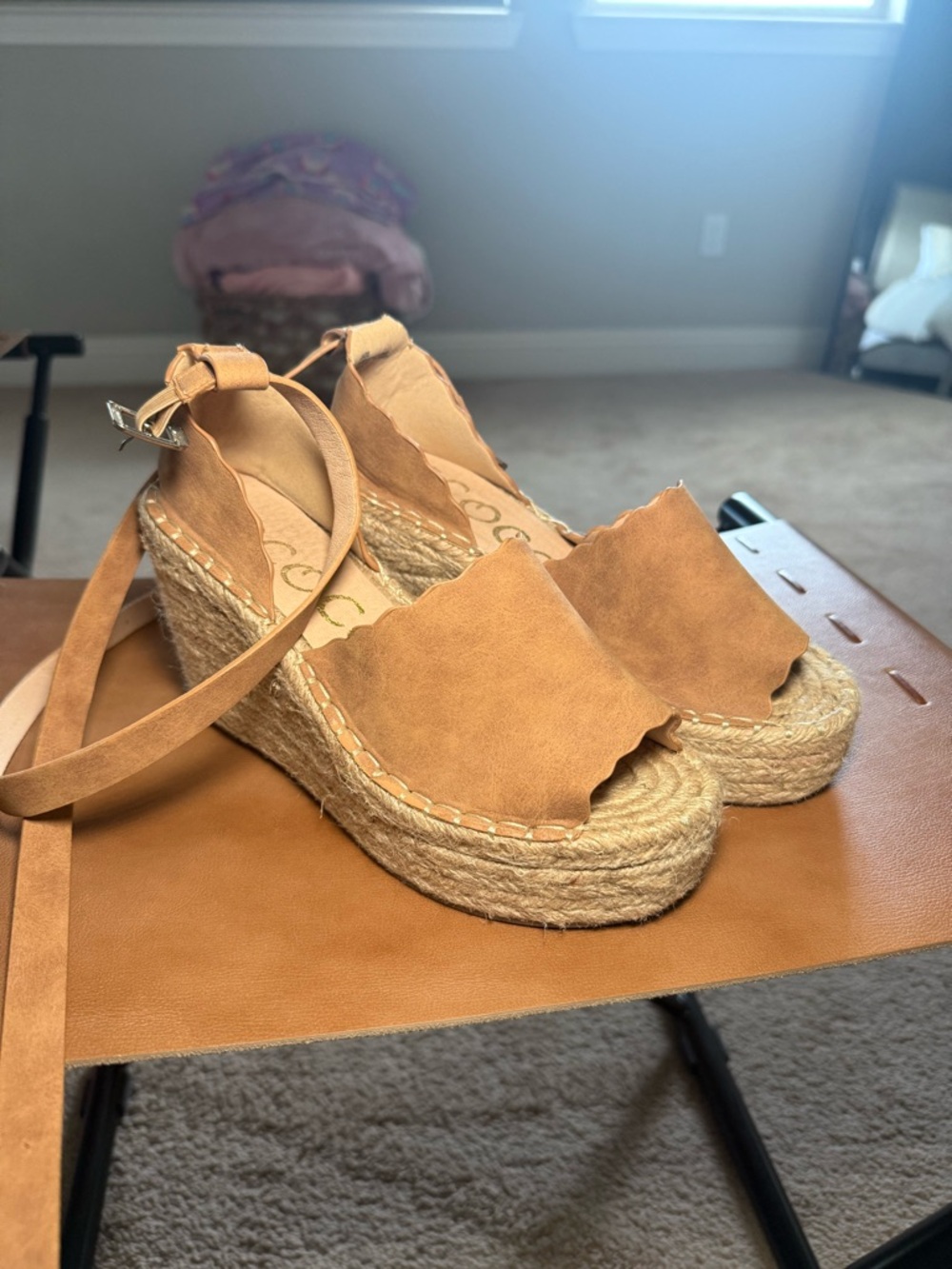CCOCCI Tan Suede Espadrille Wedge Sandals with Ankle Wrap